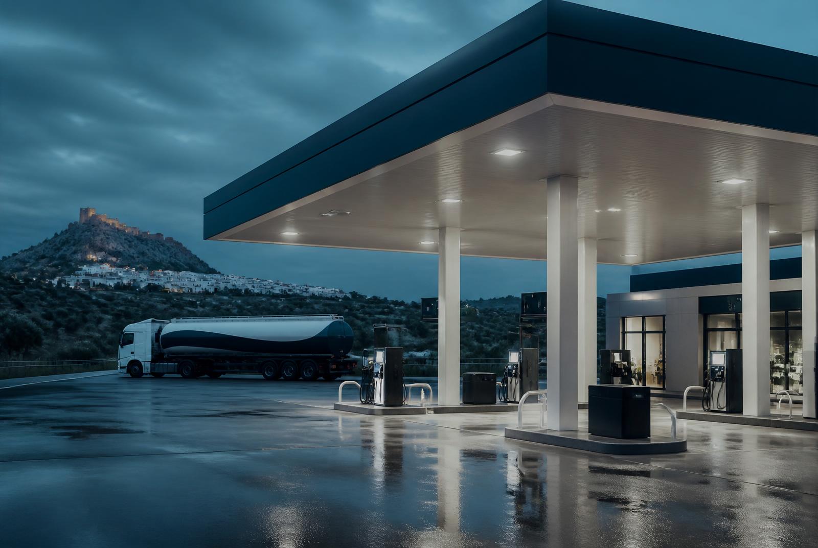Estación de servicio moderna al atardecer en un corredor de transporte español